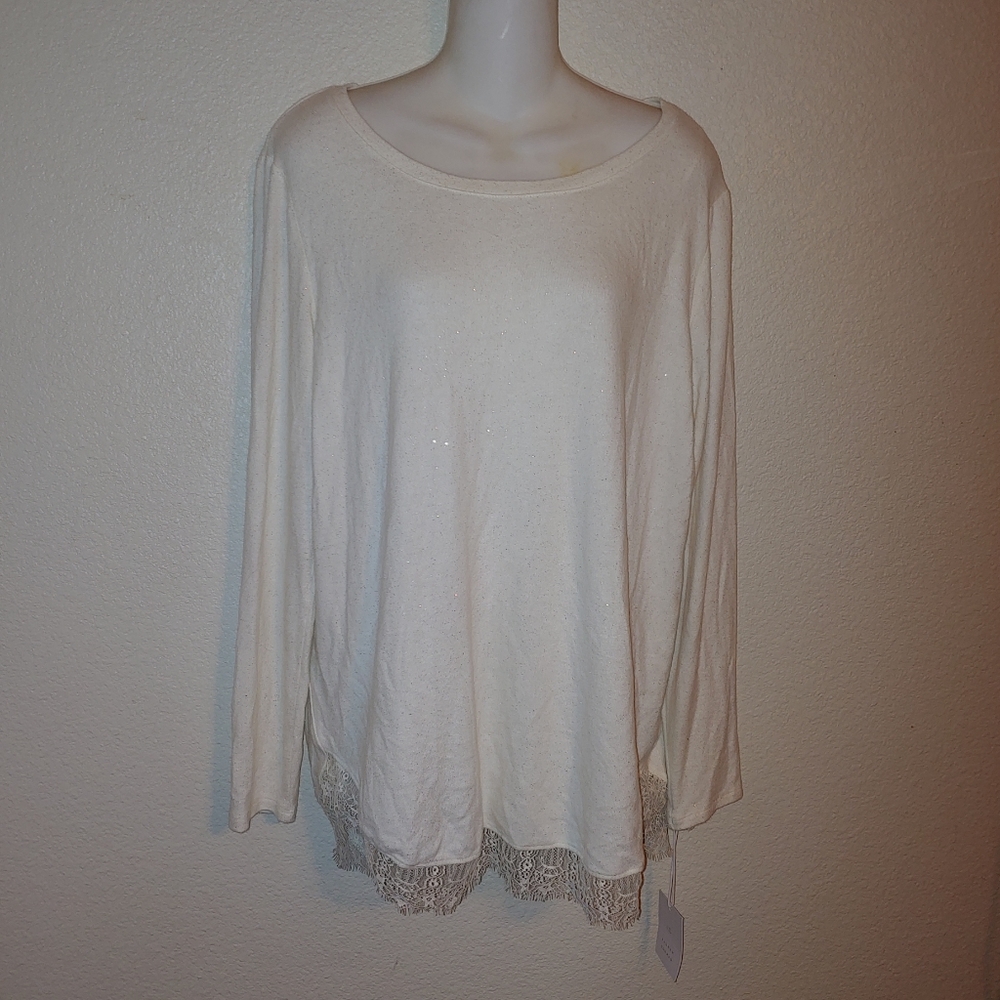 Lauren Conrad glitter blouse lace trim open back - Picture 2 of 11